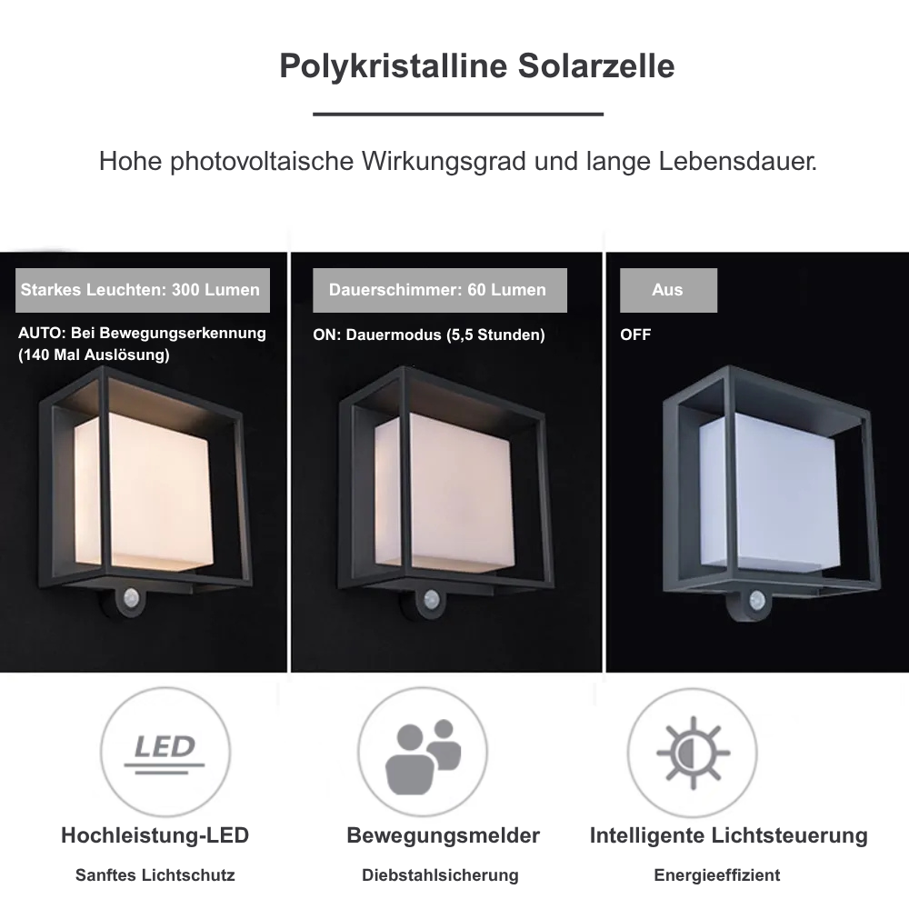 Industrial Außenwandleuchte LED Sensor Solar Acryl Schwarz Hof