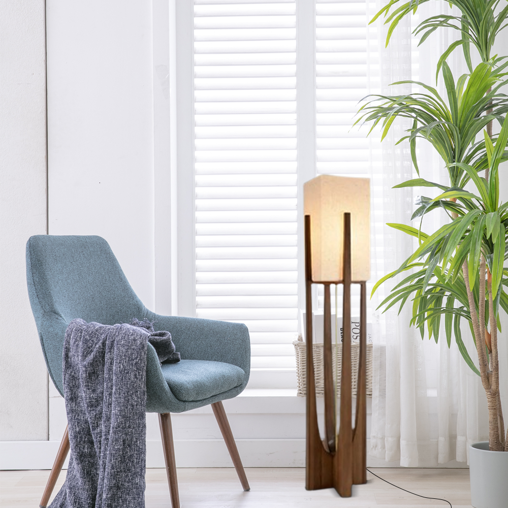 Modern Stehleuchte LED Walnuss Zylindrisch Holz&Stoff Wohnzimmer 