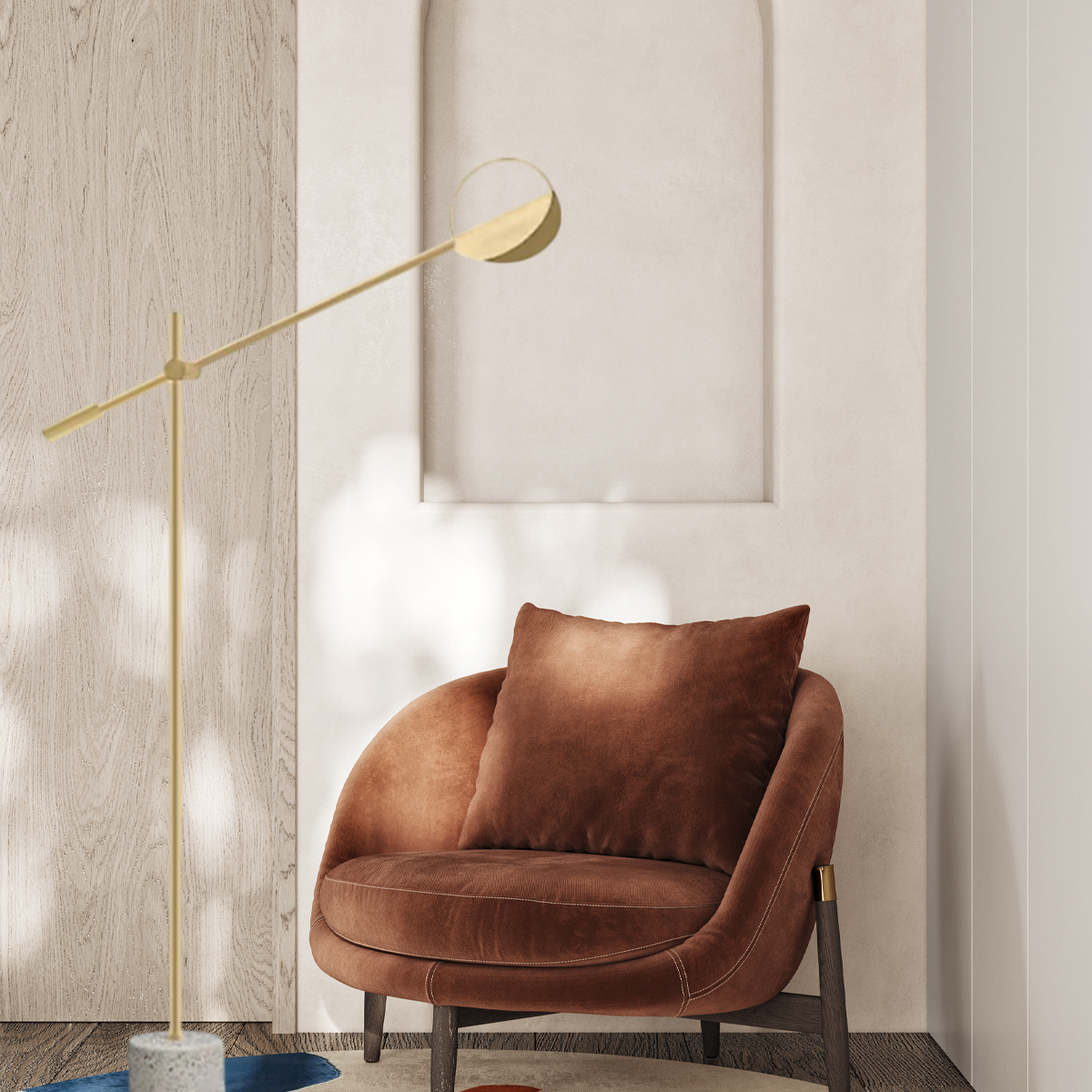 Minimalistisch Stehleuchte LED Linear Gold neben dem Sofa