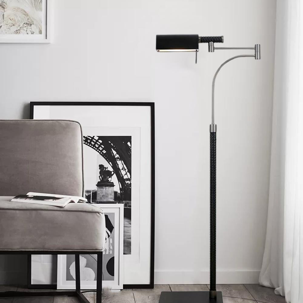 Industriell Stehleuchte LED Linear Schwarz Leder Metall Wohnzimmer