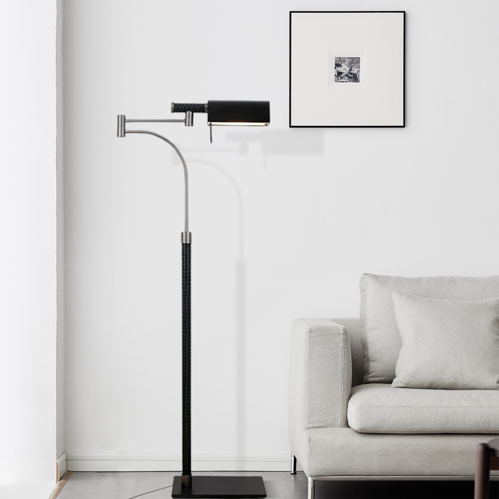 Industriell Stehleuchte LED Linear Schwarz Leder Metall Wohnzimmer