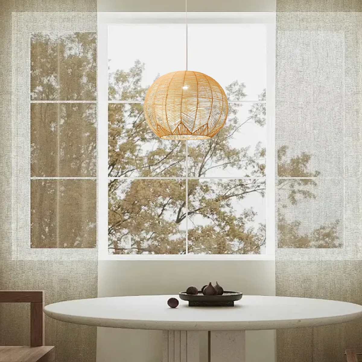 Landhausstil Pendelleuchte LED Rattan Kugel Holz Esszimmer