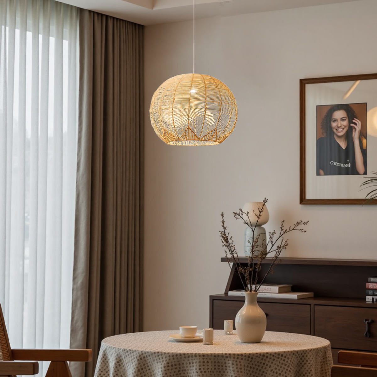 Landhausstil Pendelleuchte LED Rattan Kugel Holz Esszimmer