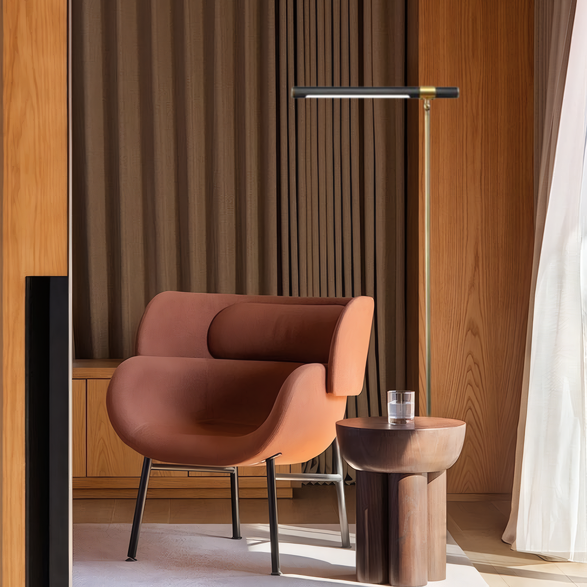 Minimalistische Stehlampe Gold Holz Linear Schlafzimmer