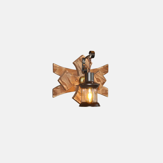Industrielle Wandleuchte Braun Metall Holz Kerze Laterne Wohnzimmer