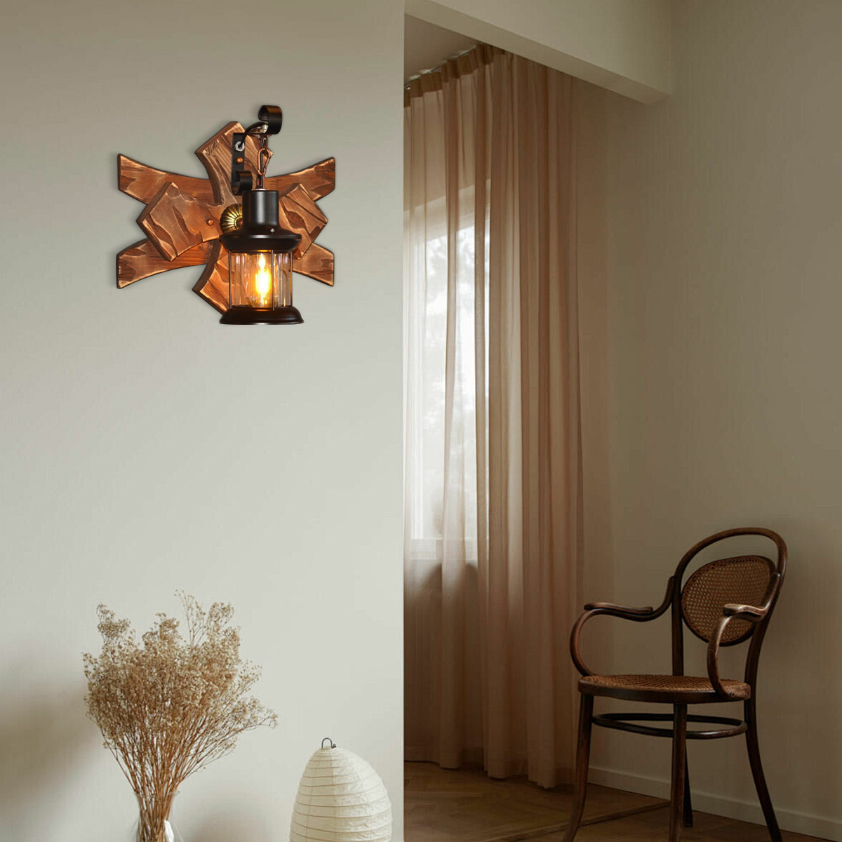 Industrielle Wandleuchte Braun Metall Holz Kerze Laterne Wohnzimmer