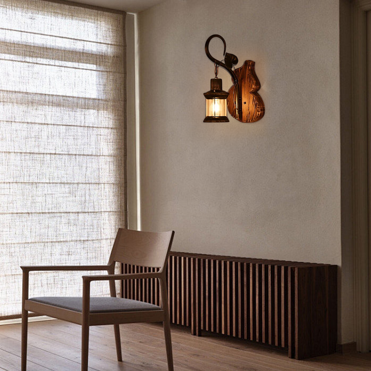 Vintage Wandleuchte Holz Metall Kiefer Laterne Wohnzimmer