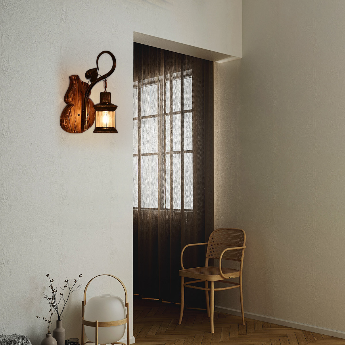 Vintage Wandleuchte Holz Metall Kiefer Laterne Wohnzimmer