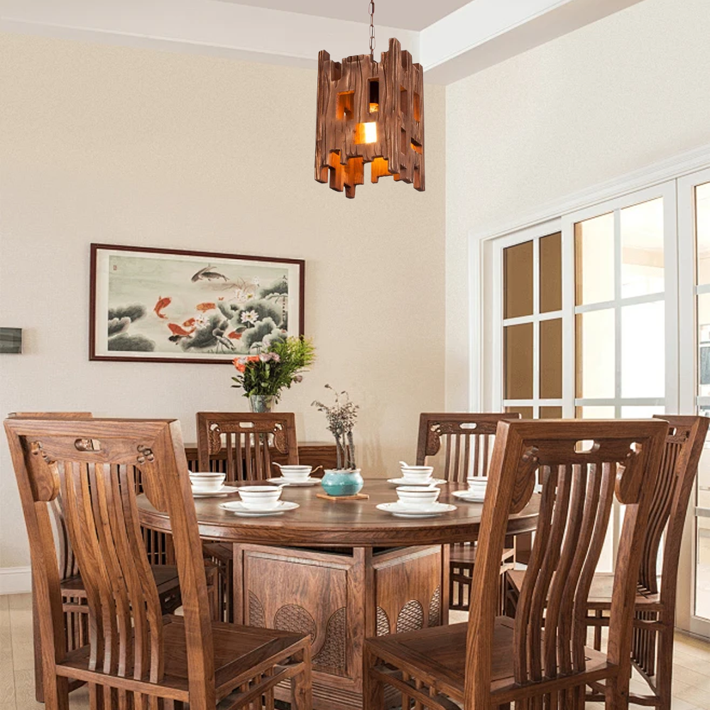 Retro Pendelleuchte Holz Metall Holz Rechteckig Esszimmer