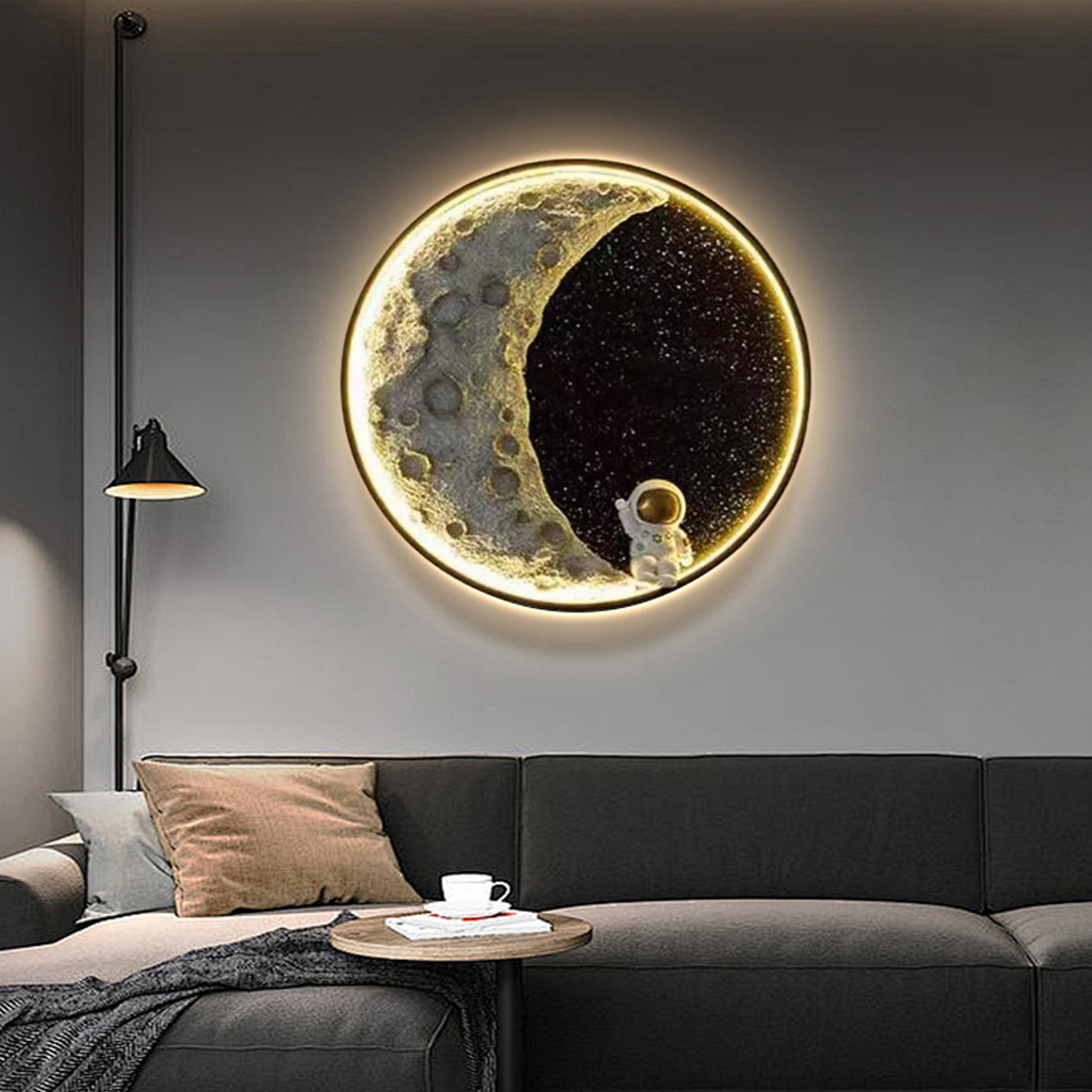 Art Deco Wandlampe LED Rund Astronauten Schwarz Metall Wohnzimmer