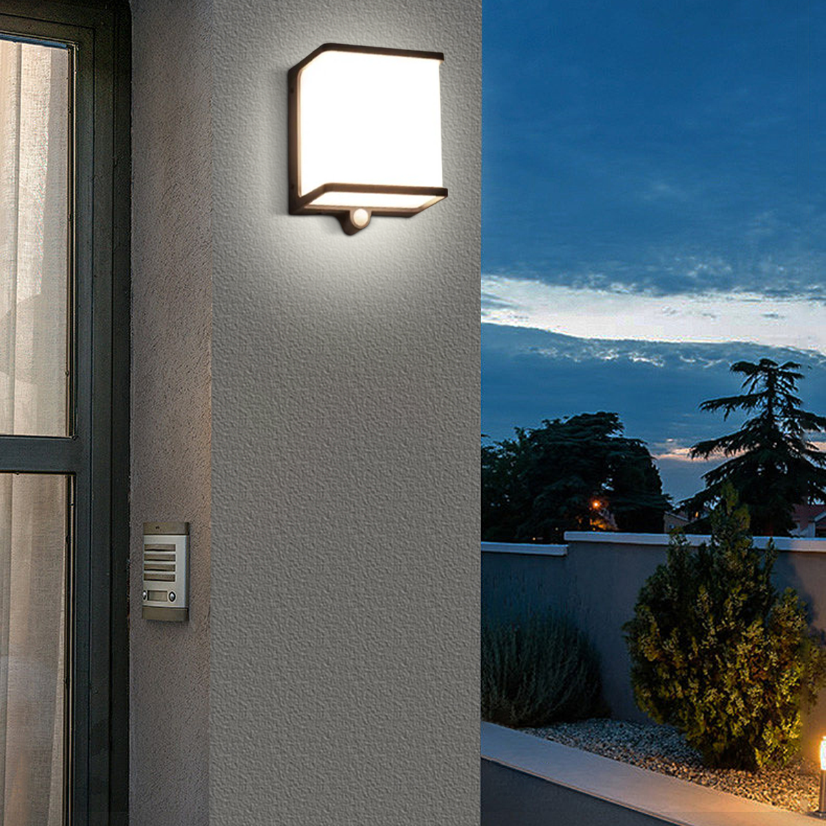 Wetterfeste Sensor-Außenleuchte mit Acrylabdeckung an der Fassade über der Terrasse