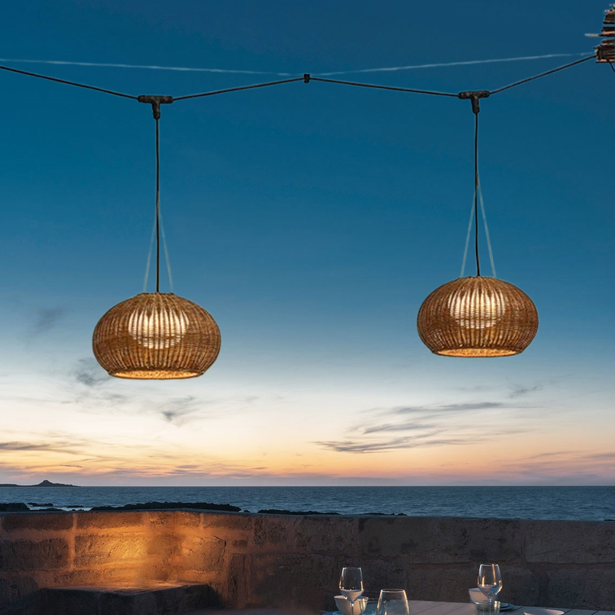 Landhaustil Außenpendelleuchte LED Lanterne Bambus/Acryl Garten/Terrasse