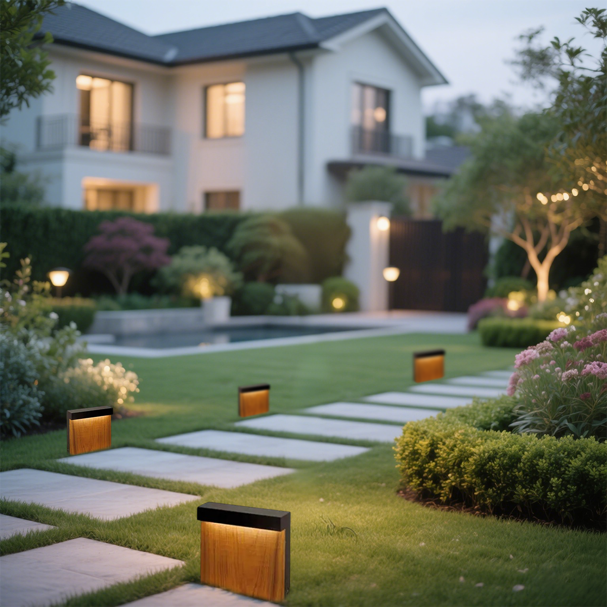 Moderne Außenleuchte LED Rechteckige Holz/Metall Garten
