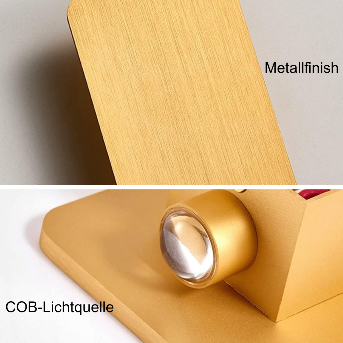 Der Sockel der goldfarbenen Lampe verfügt über eine LED-Glühbirne