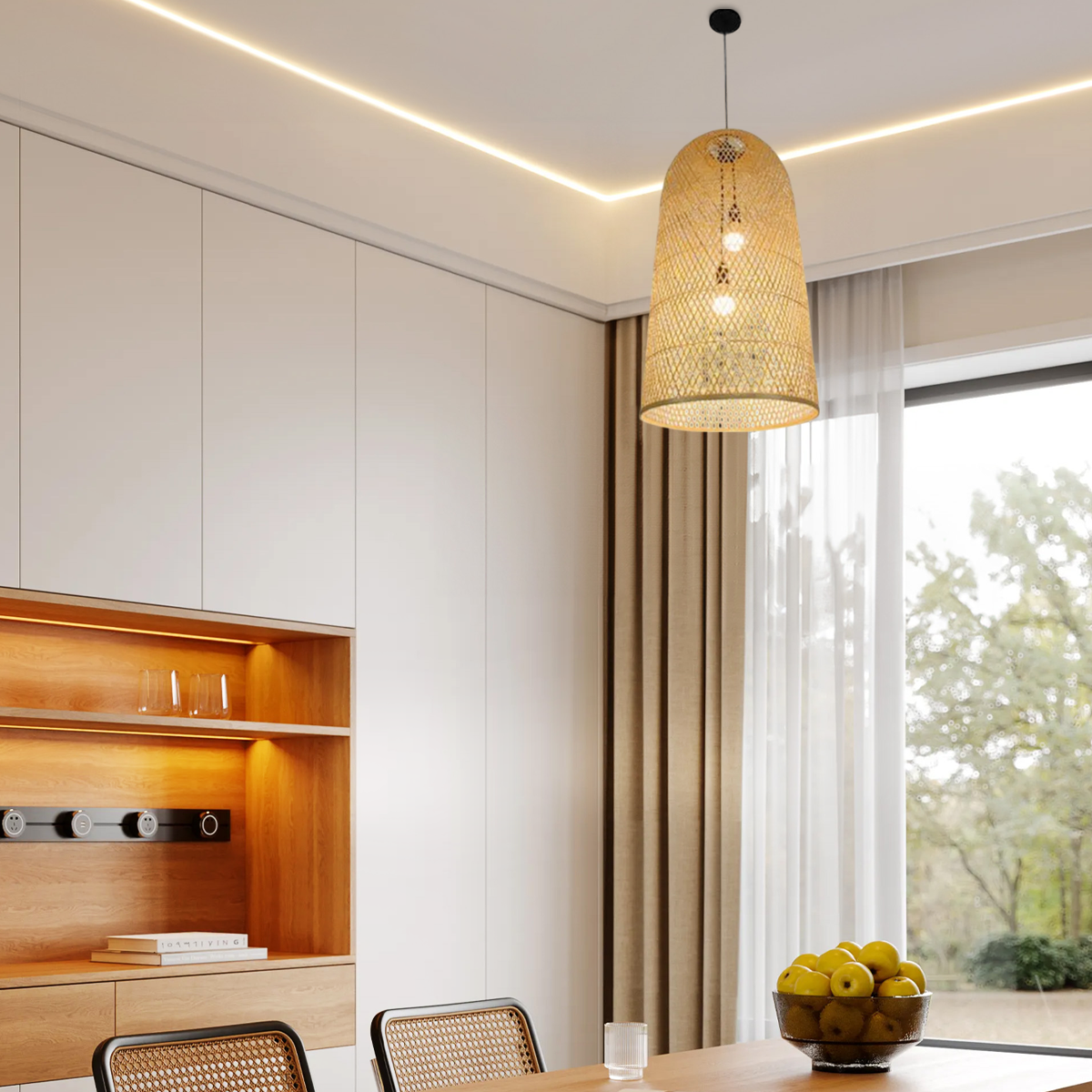 Landhausstil Pendelleuchte LED Bambus Kappenförmig Holz Wohnzimmer