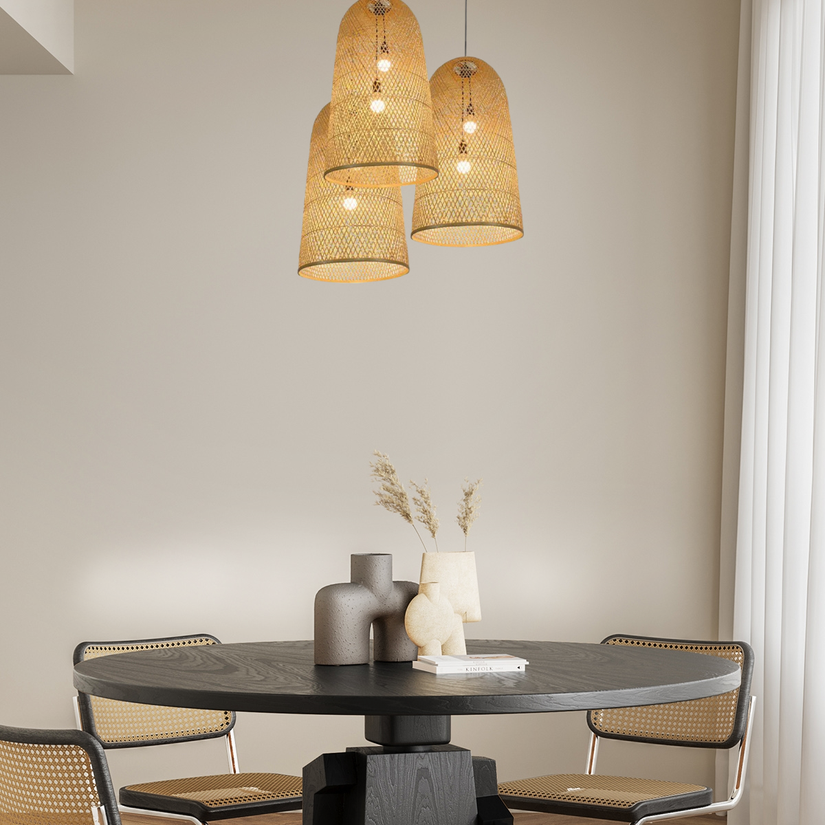 Landhausstil Pendelleuchte LED Bambus Kappenförmig Holz Wohnzimmer