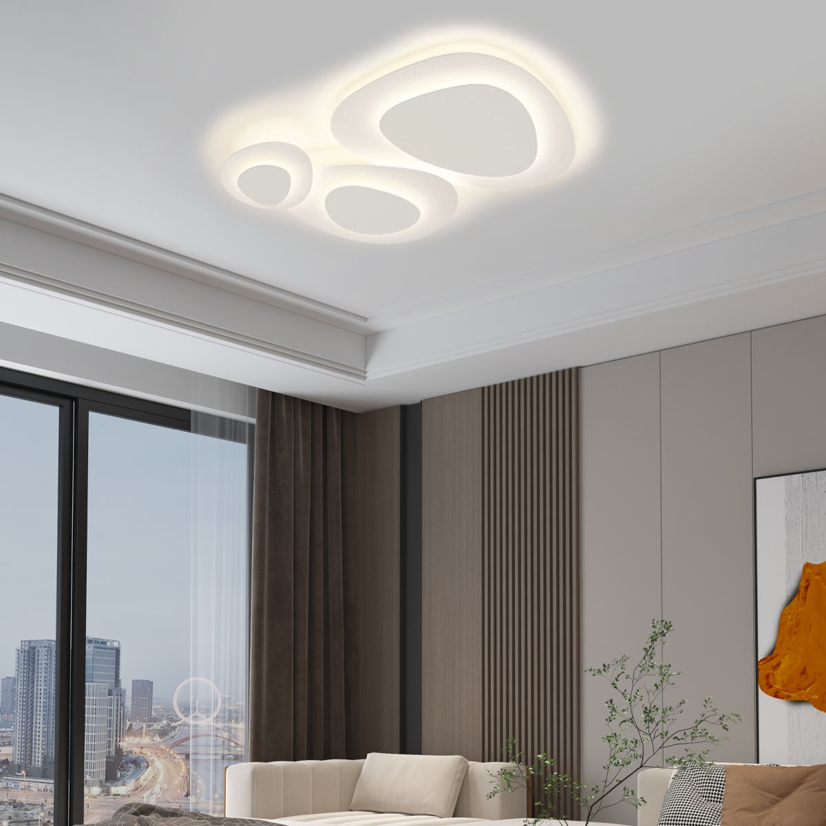 Weiße, moderne Deckenleuchte mit warm- und kaltweißem Licht für vielseitige Beleuchtung im Schlafzimmer