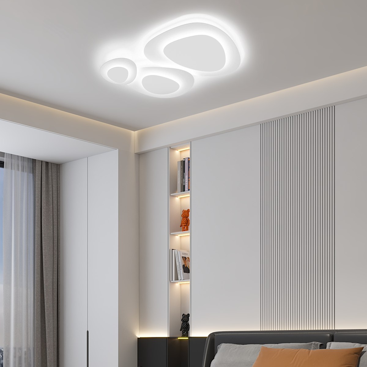 Robuste, dimmbare LED-Deckenlampe mit drei Weißlichtfarben, installiert an der Wohnzimmerdecke