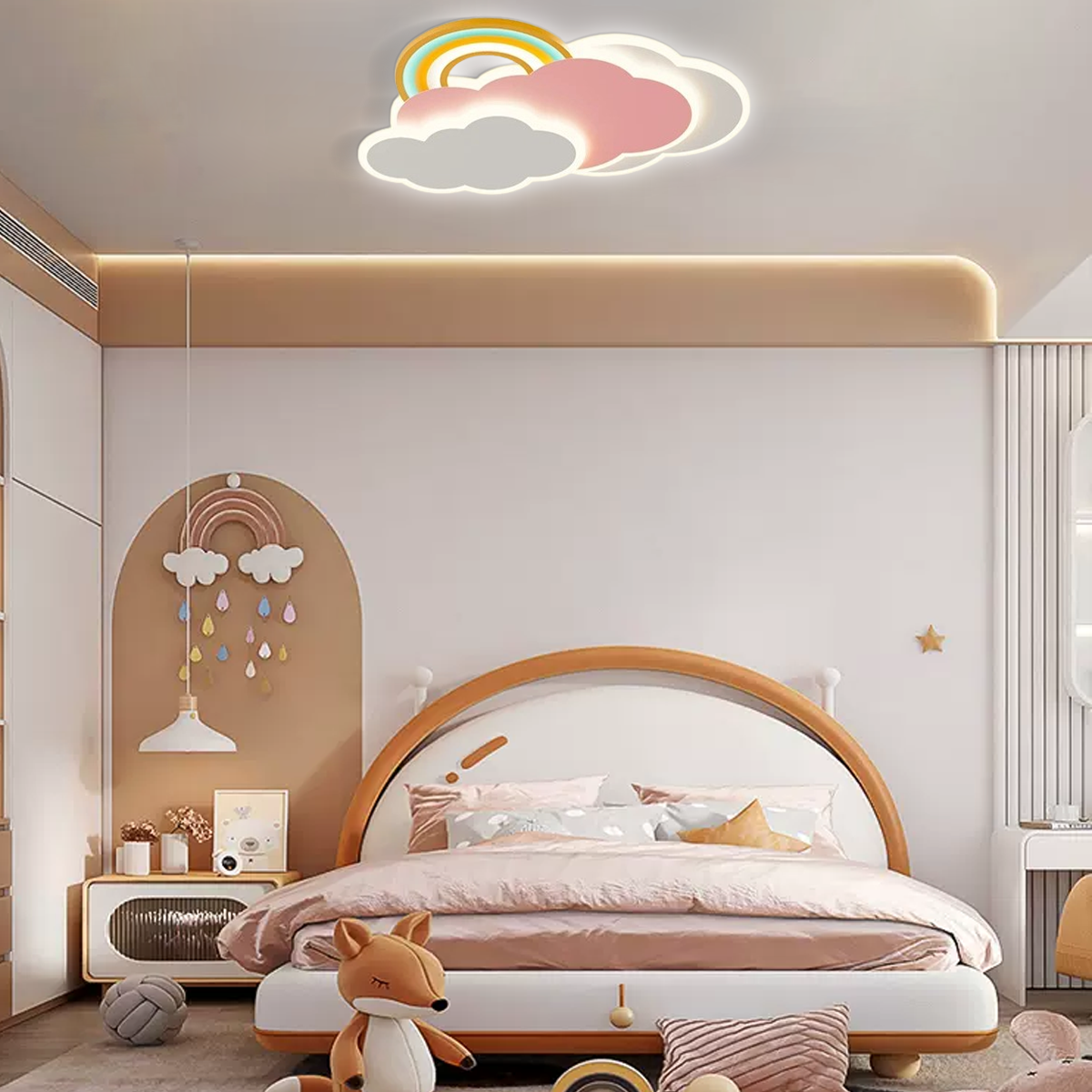 Acryl-Deckenleuchte in Wolkenform und Rosa, zentrales Lichtobjekt in einem gemütlichen Schlafzimmer
