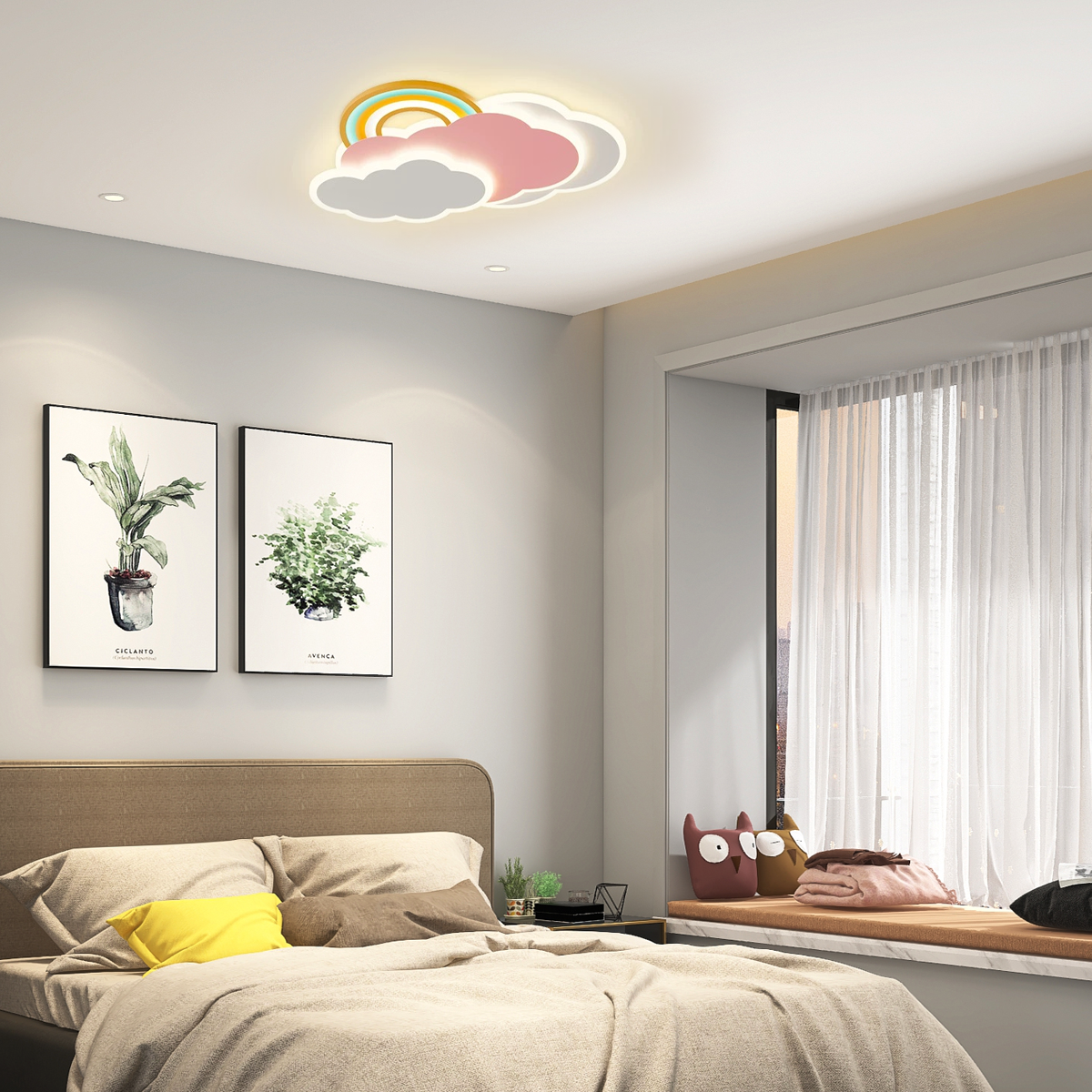 Weiche Lichtstimmung im Schlafzimmer durch rosa LED-Wolkenlampe mit indirekter Beleuchtung