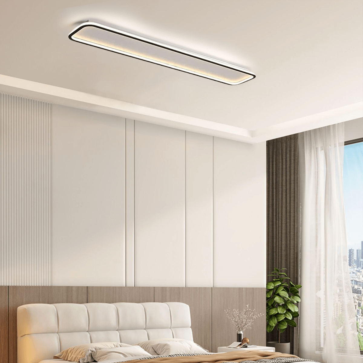 Schlichte LED-Deckenleuchte aus schwarzem Metall, montiert an der Wohnzimmerdecke