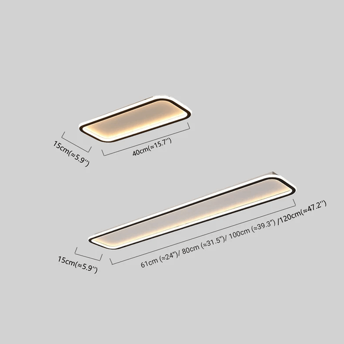 Maßzeichnung der modernen rechteckigen LED-Deckenleuchte aus schwarzem Metall für Ess- und Schlafzimmer