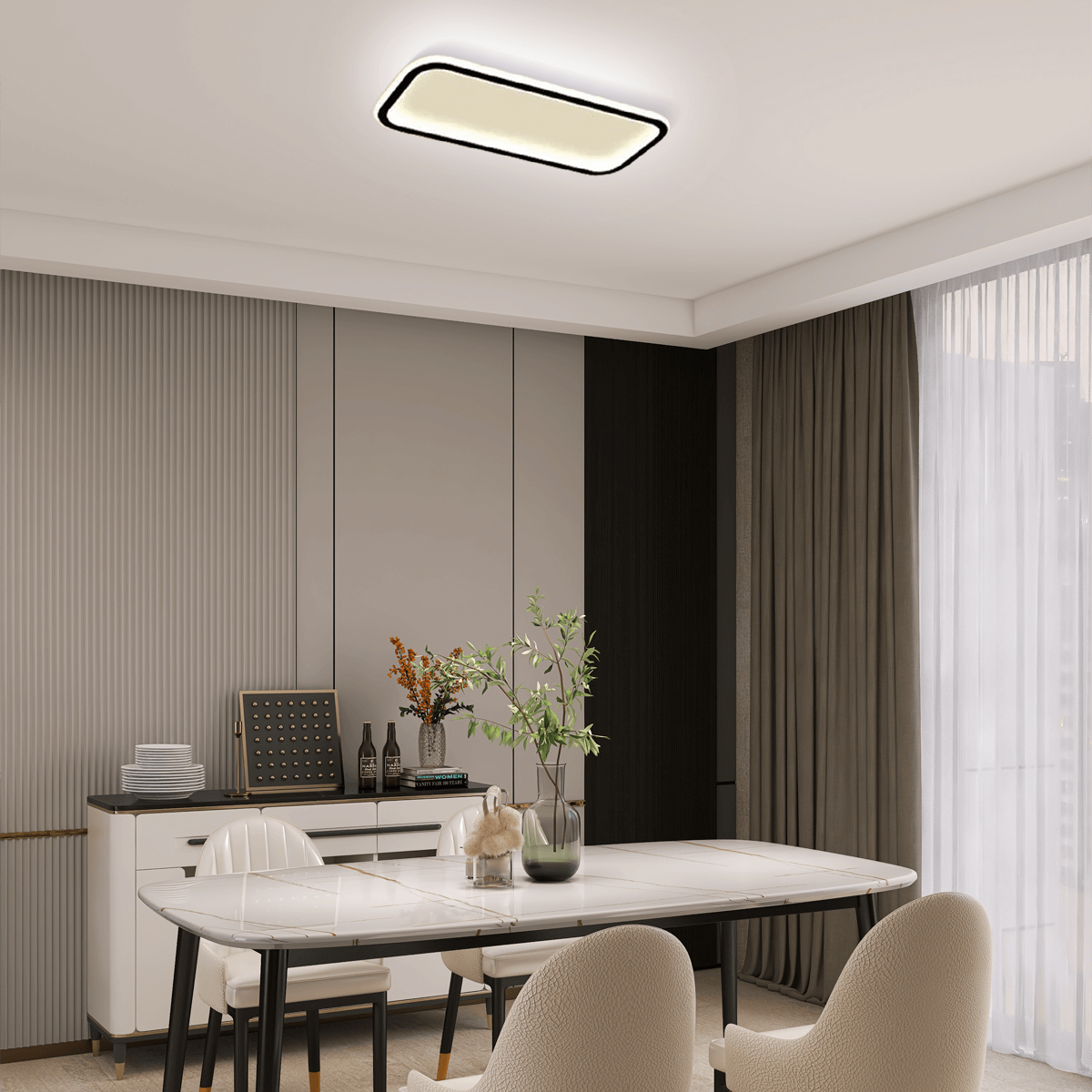 Moderne rechteckige LED-Deckenleuchte aus schwarzem Metall über der Küchenarbeitsplatte