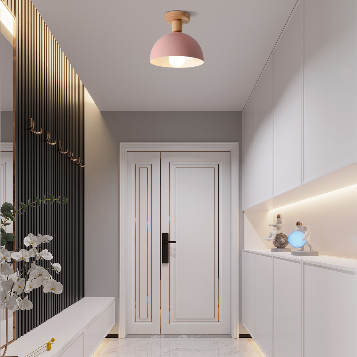 Moderne rosafarbene Deckenleuchte in Kuppelform - ideal für Hausflurbeleuchtung
