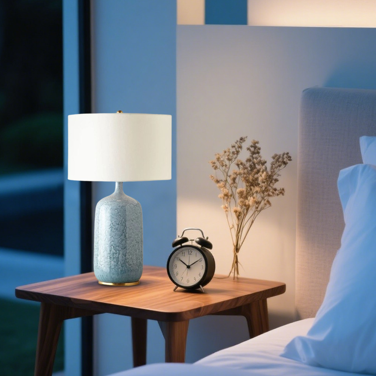 Art Deco Tischlampe LED Trommelform Blau Keramik Schlafzimmer