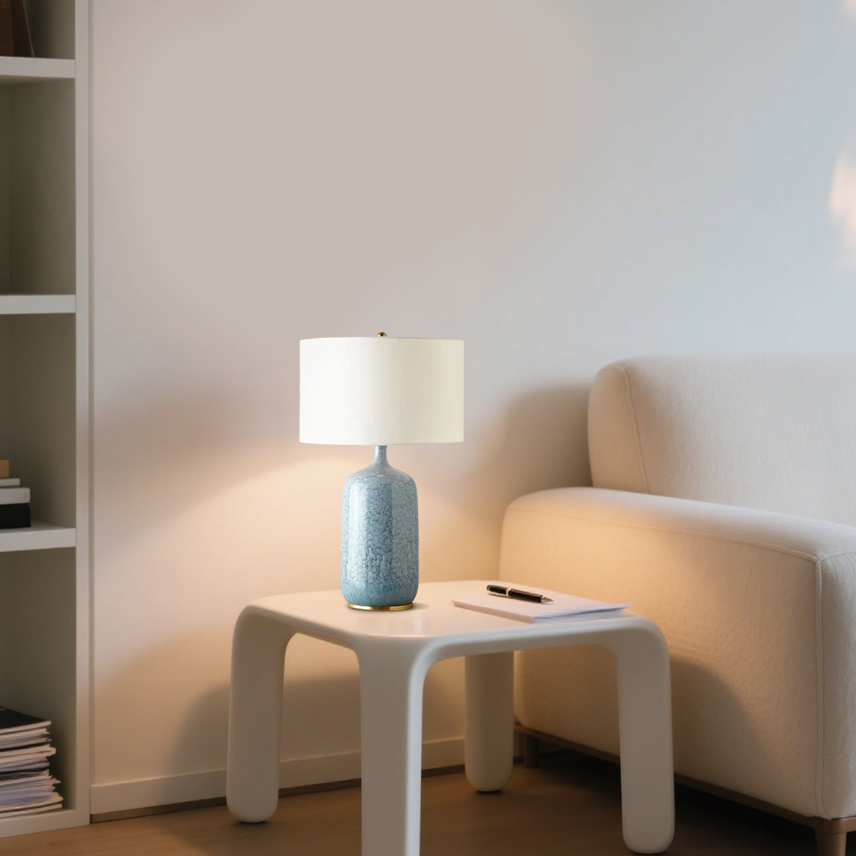 Art Deco Tischlampe LED Trommelform Blau Keramik Schlafzimmer