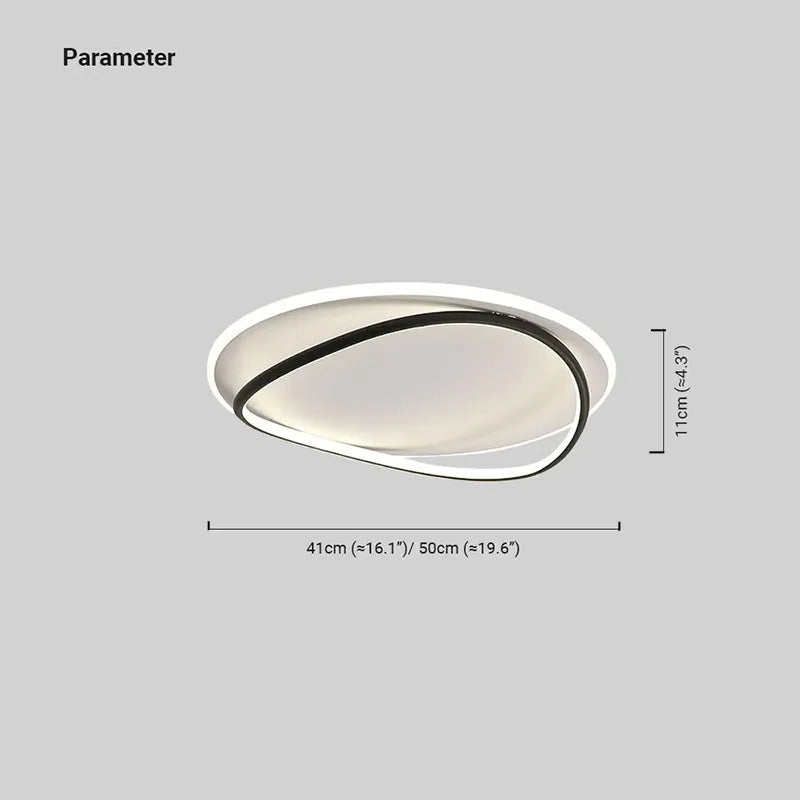 Maßzeichnung der modernen LED-Deckenleuchte aus Metall in Weiß und Schwarz mit genauen Abmessungen