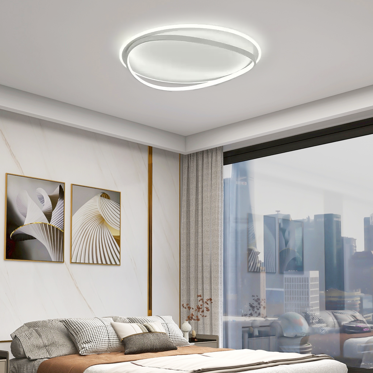 LED-Deckenlampe in Weiß aus Metall im Schlafzimmer, sorgt für gemütliche und gleichmäßige Lichtverteilung