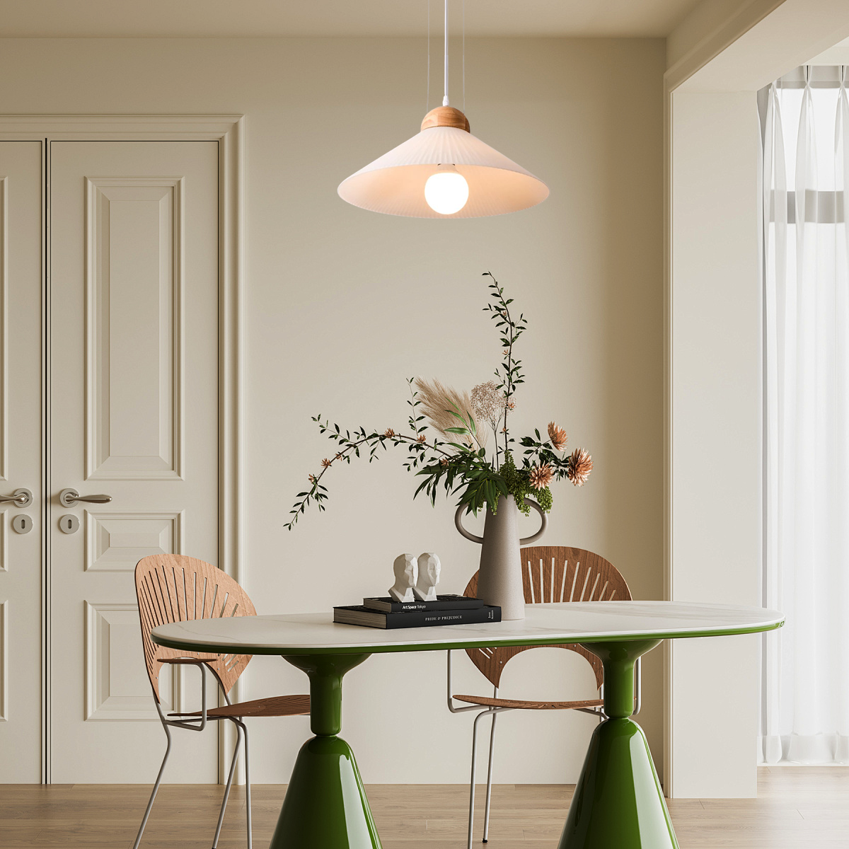 Modern Pendelleuchte LED Konisch Beige Glas/Holz Esszimmer