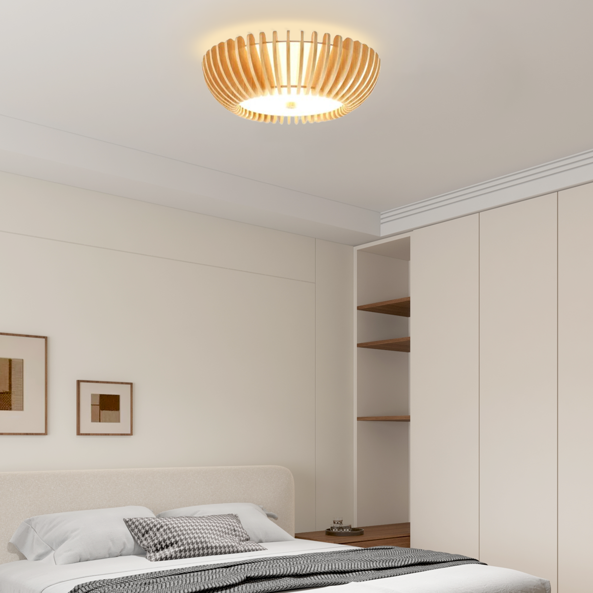 Modern Deckenleuchte LED Rund Naturholz Schlafzimmer