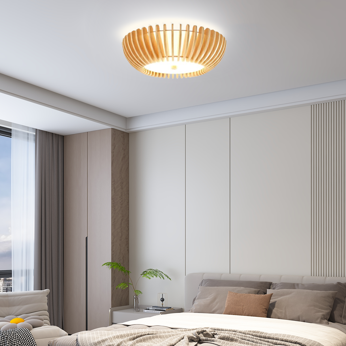 Modern Deckenleuchte LED Rund Naturholz Schlafzimmer