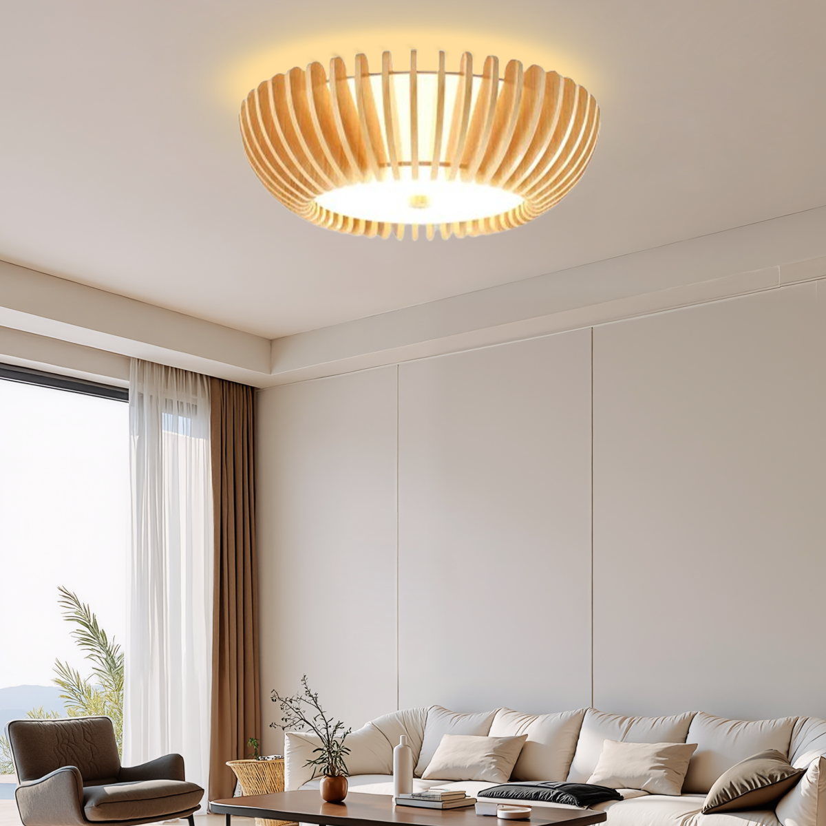 Modern Deckenleuchte LED Rund Naturholz Schlafzimmer