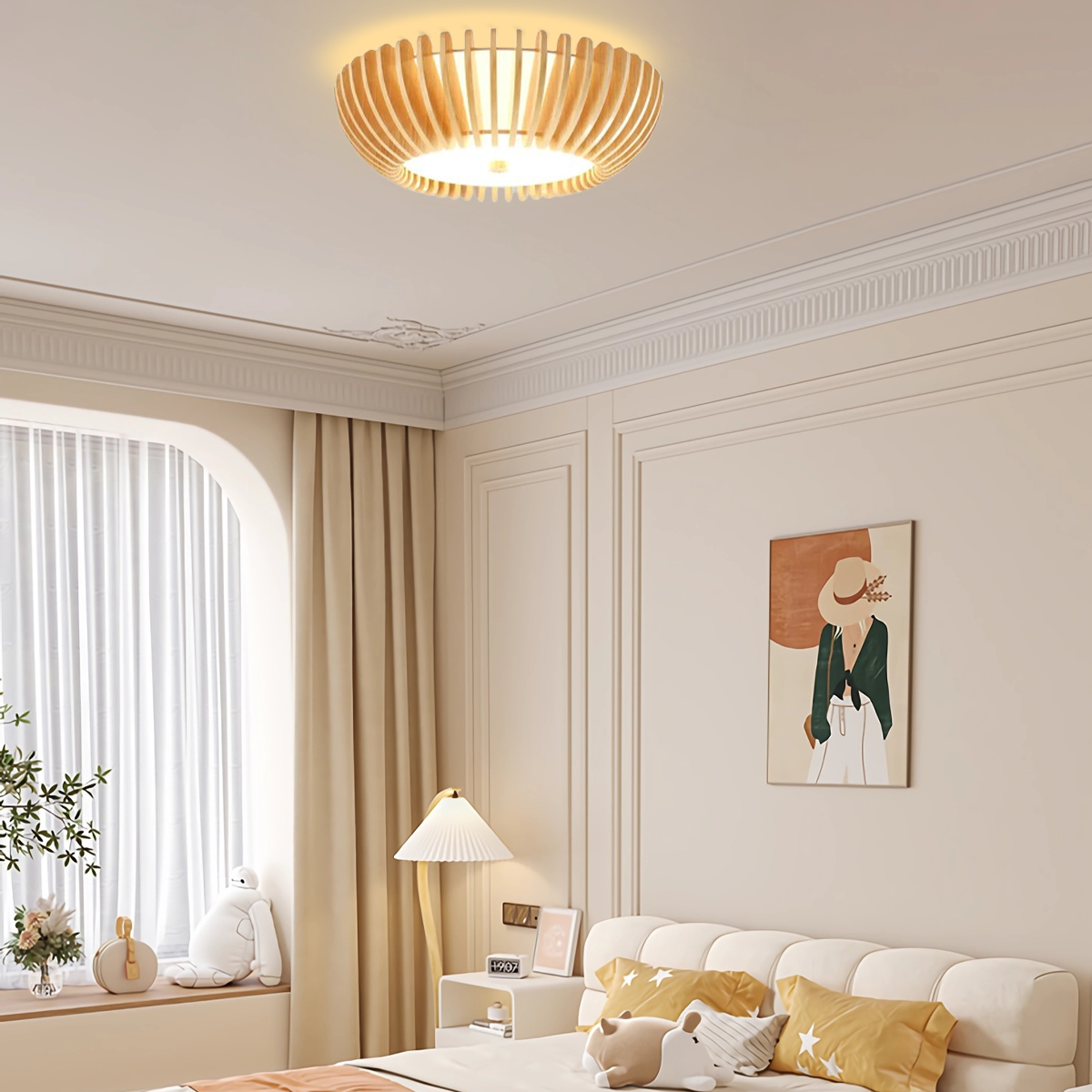 Modern Deckenleuchte LED Rund Naturholz Schlafzimmer
