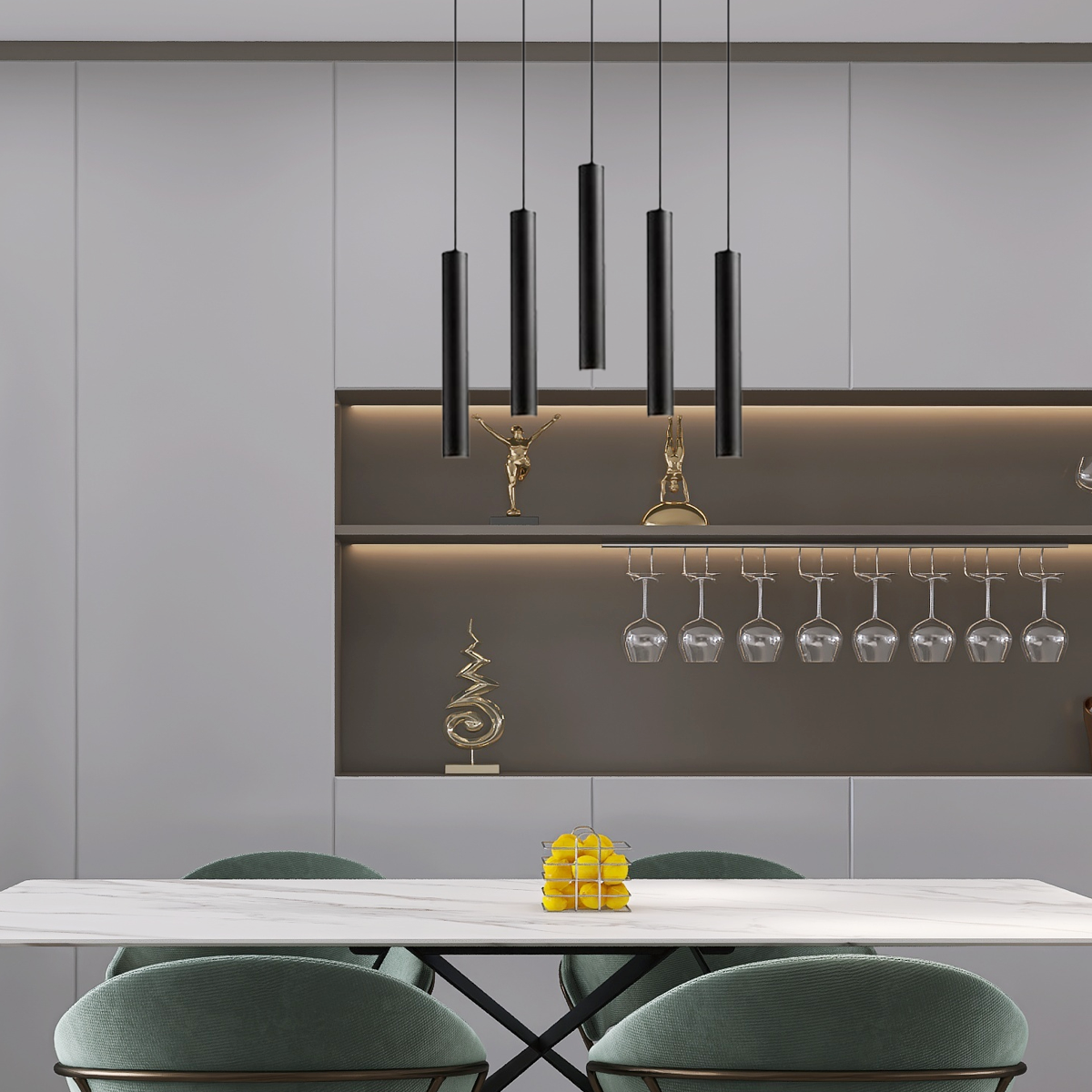 Minimalistische Pendelleuchte Schwarz Metall Zylindrisch Schlafzimmer