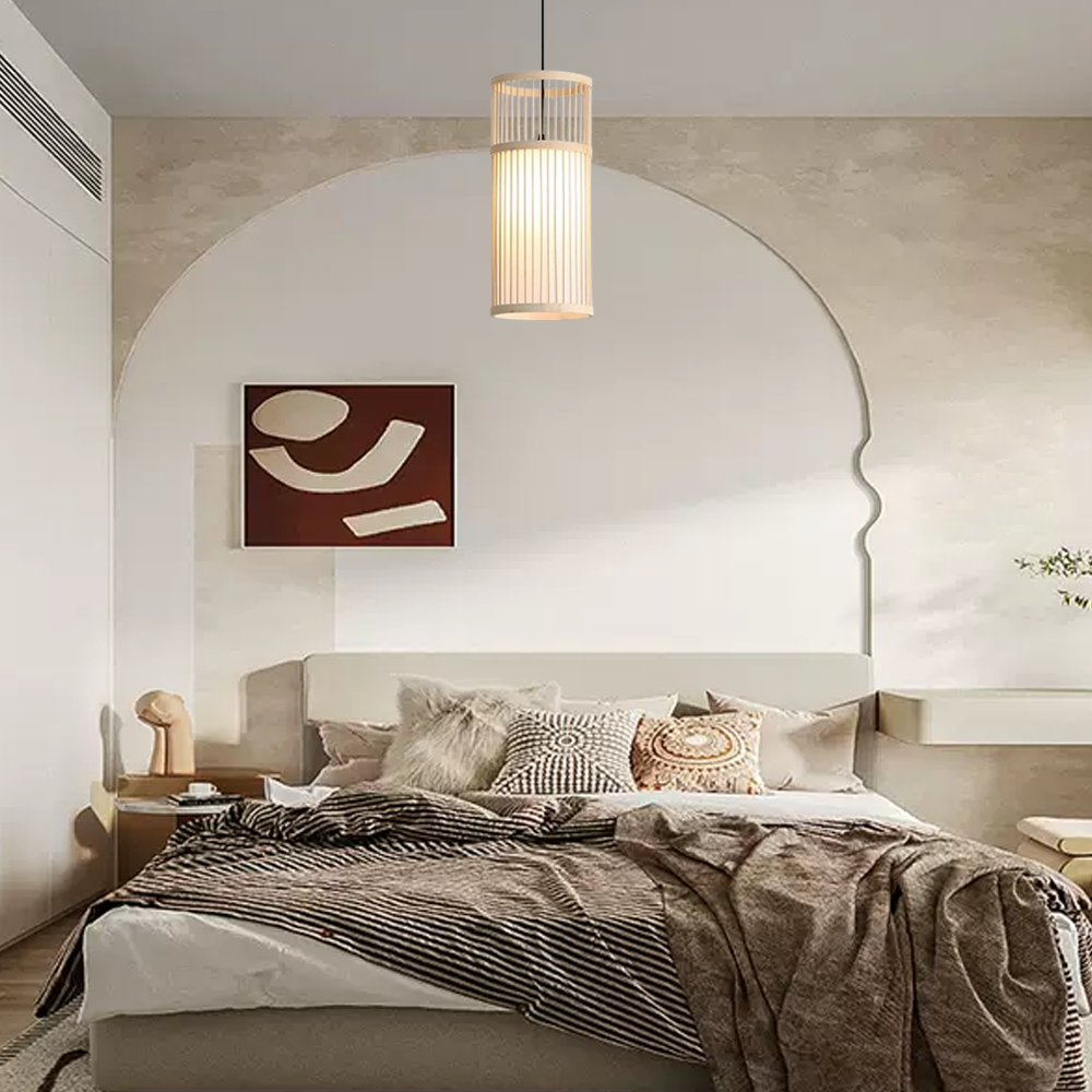 Vintage Pendelleuchte LED Bambus Zylindrisch Holz Esszimmer