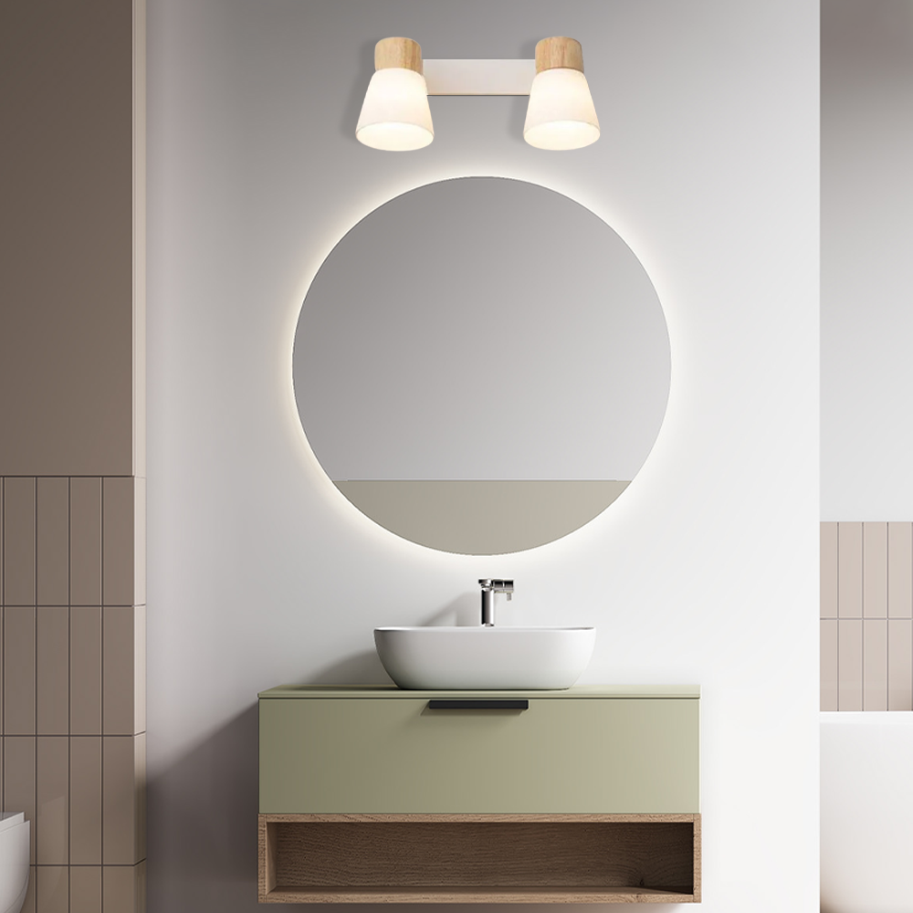 Nordic Wandlampe LED Holz Glas Kappenförmig Weiß Badezimmer