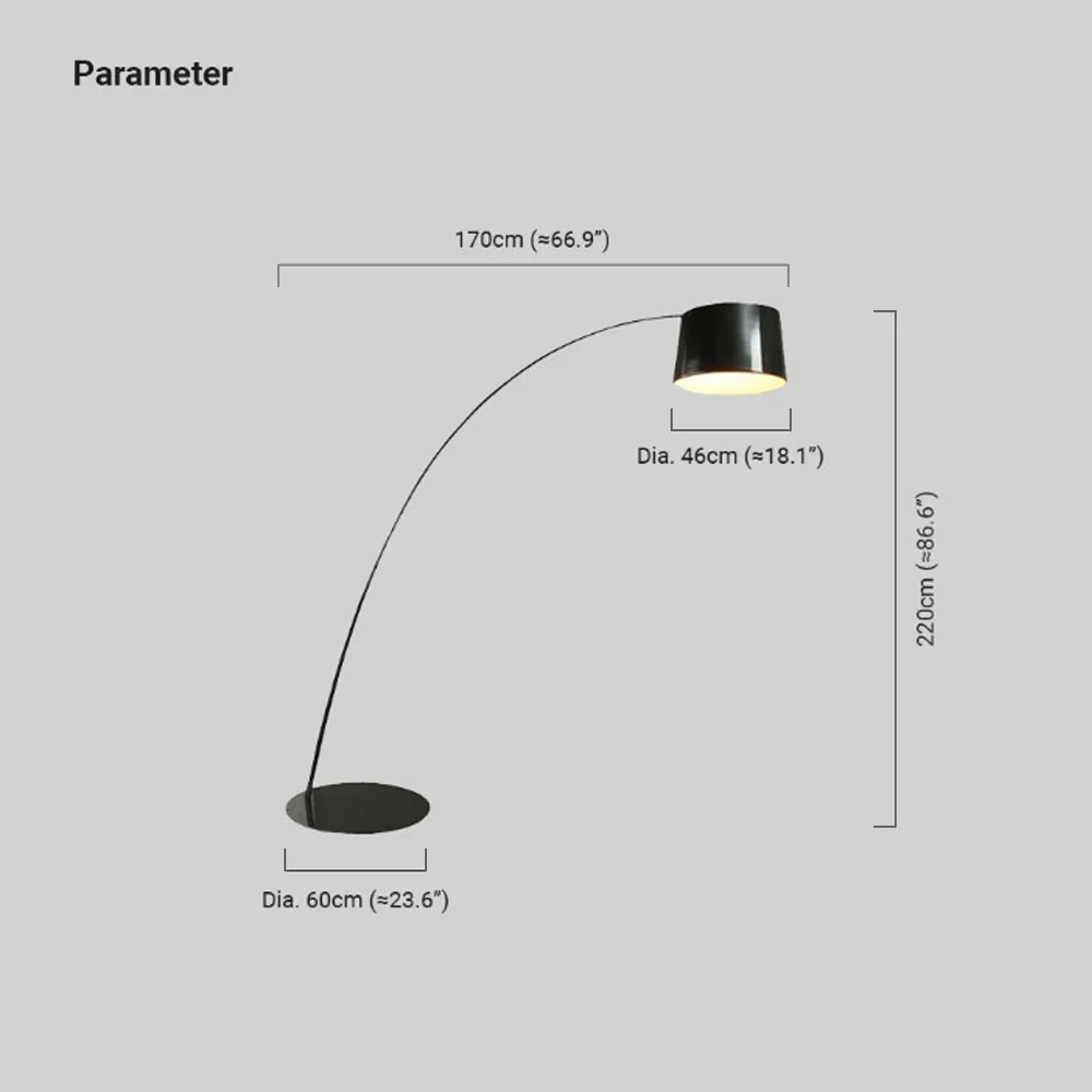 Maßzeichnung der minimalistisch Stehleuchte LED Bogen 