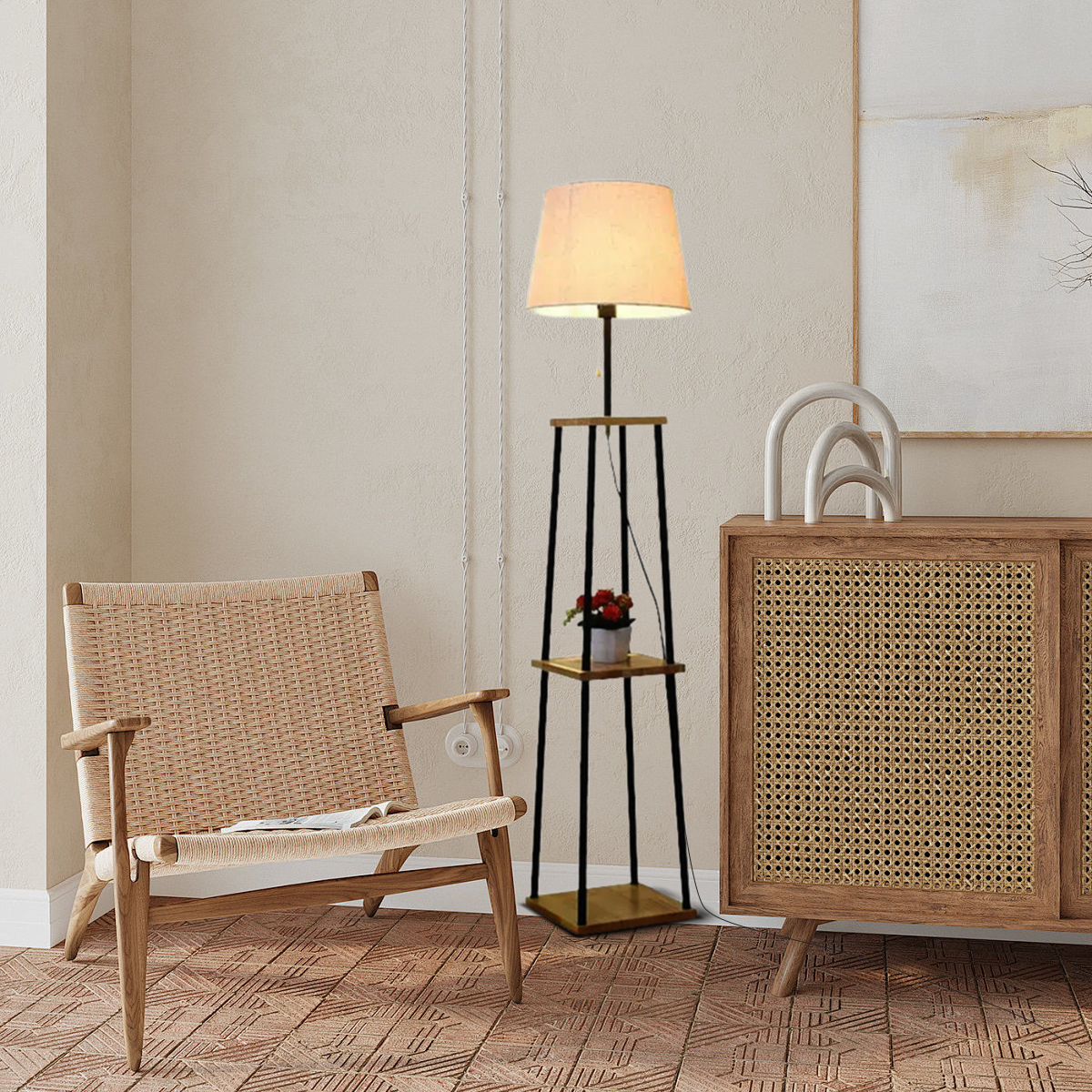 Moderne Stehlampe Schwarz Metall Stoff Haube Wohnzimmer