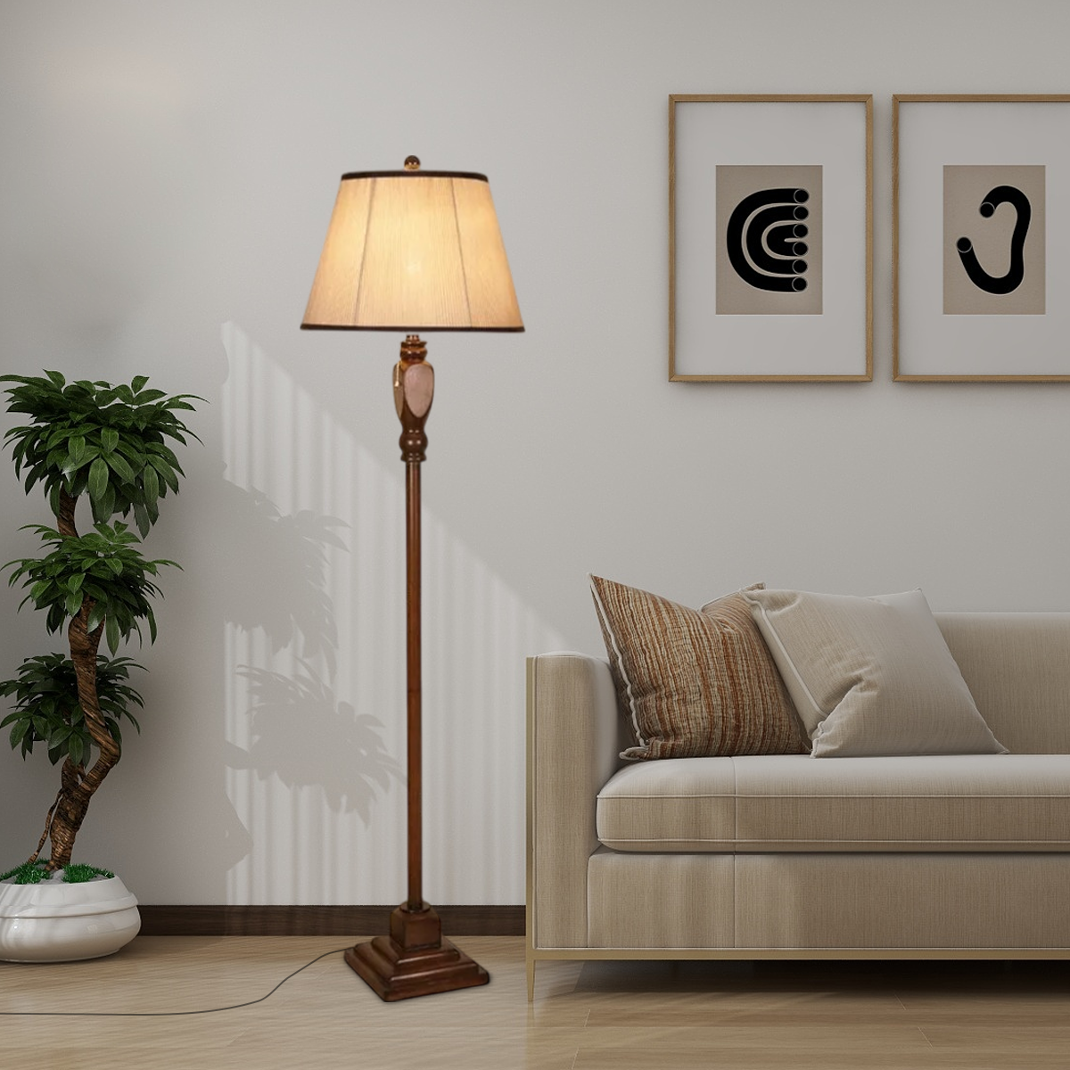 Vintage Stehlampe Beige Metall Stoff Haube Wohnzimmer