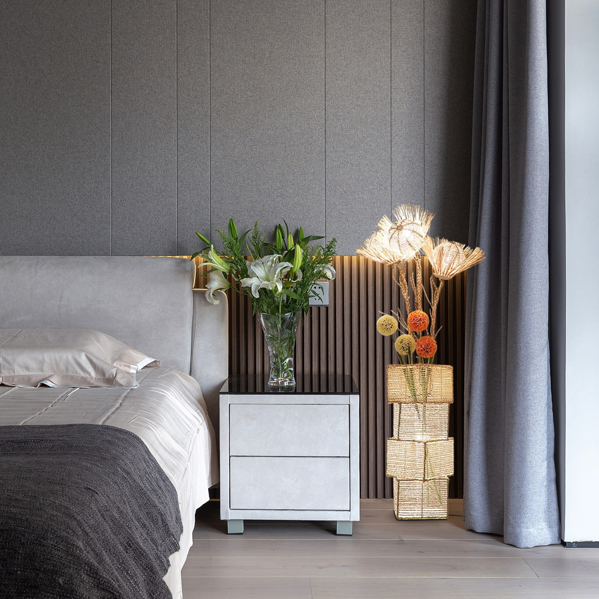 Art Deco Stehleuchte LED Rattan Zylindrisch Holz Wohnzimmer
