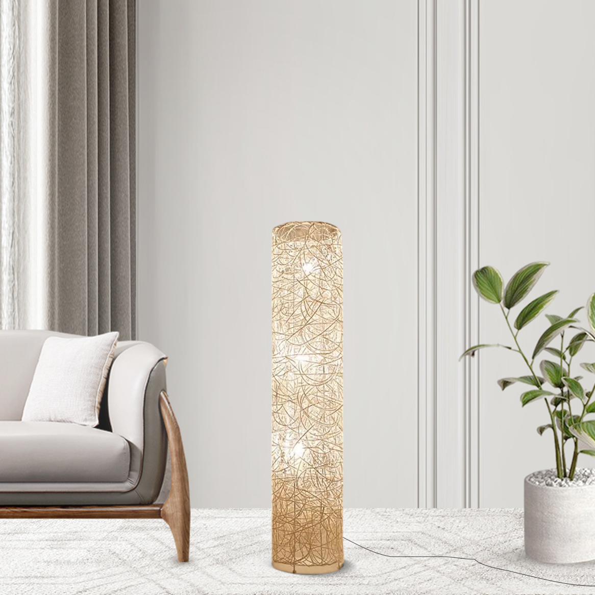 Art Deco Stehleuchte LED Rattan Zylindrisch Holz Wohnzimmer