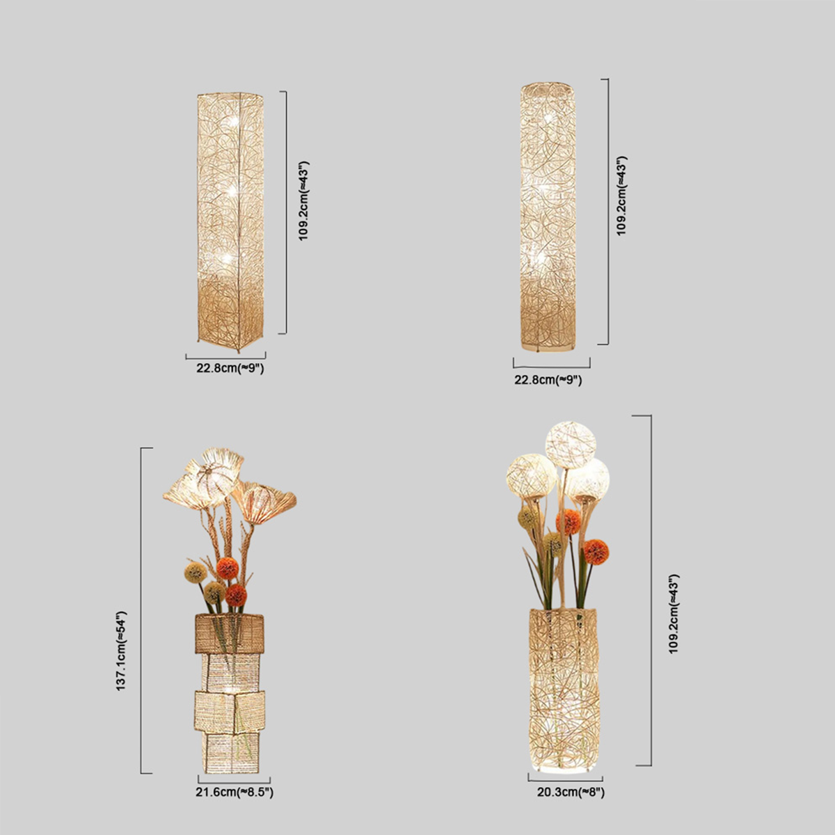 Art Deco Stehleuchte LED Rattan Zylindrisch Holz Wohnzimmer