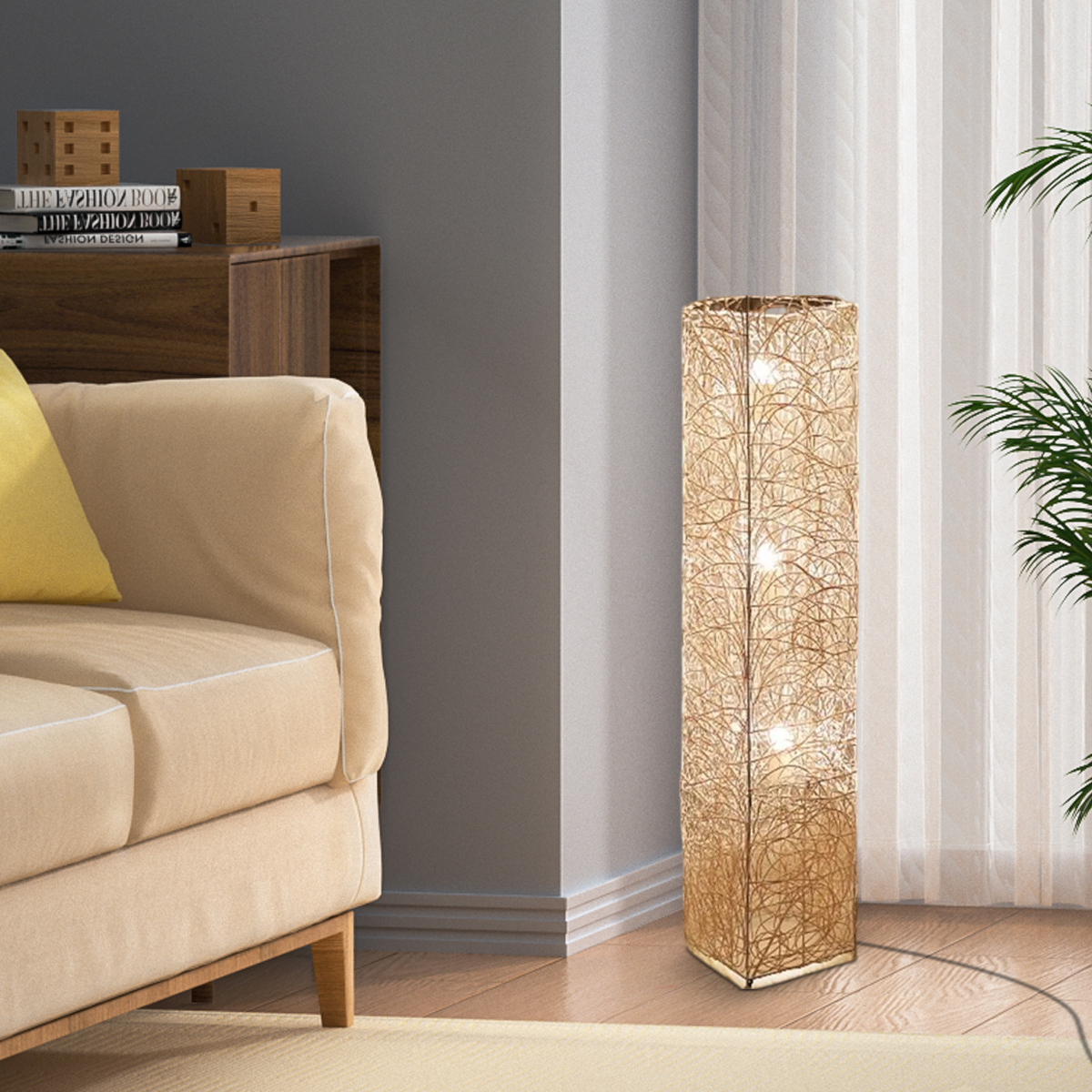 Art Deco Stehleuchte LED Rattan Zylindrisch Holz Wohnzimmer