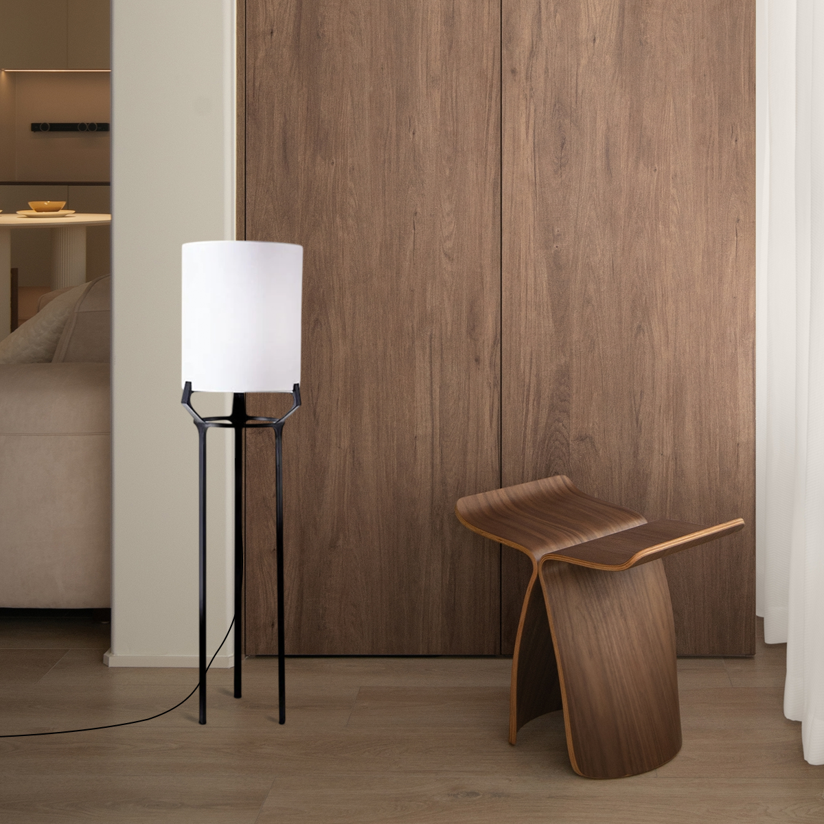 Moderne Stehleuchte Schwarz Metall Stoff Kapuze Wohnzimmer