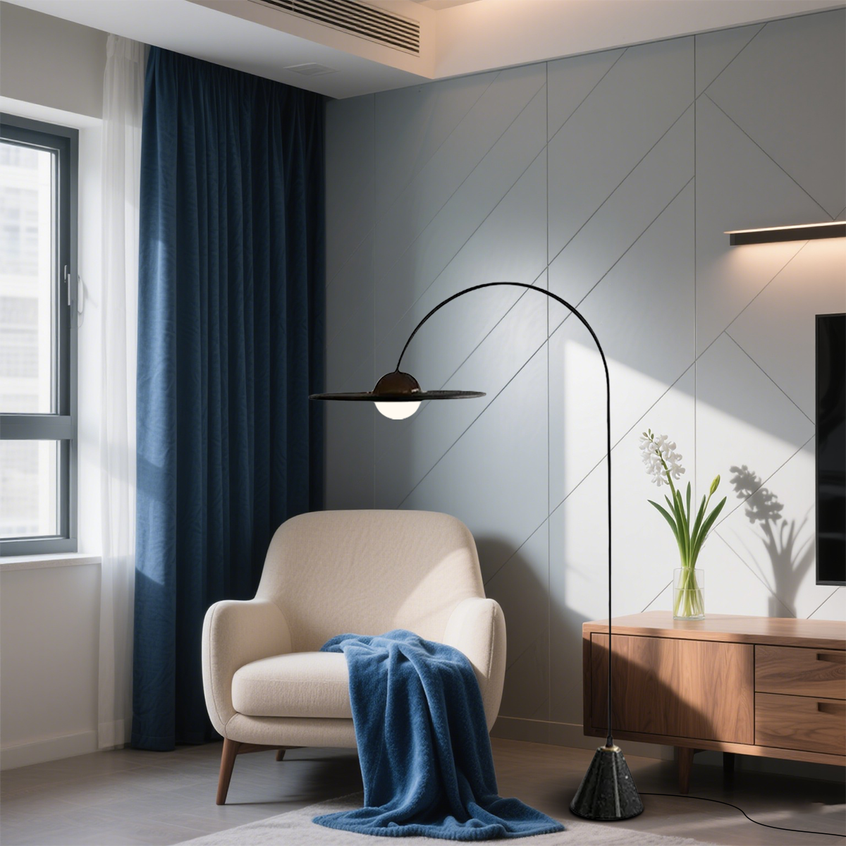 Nordic Stehleuchte LED Rund Schwarz Metall Wohnzimmer