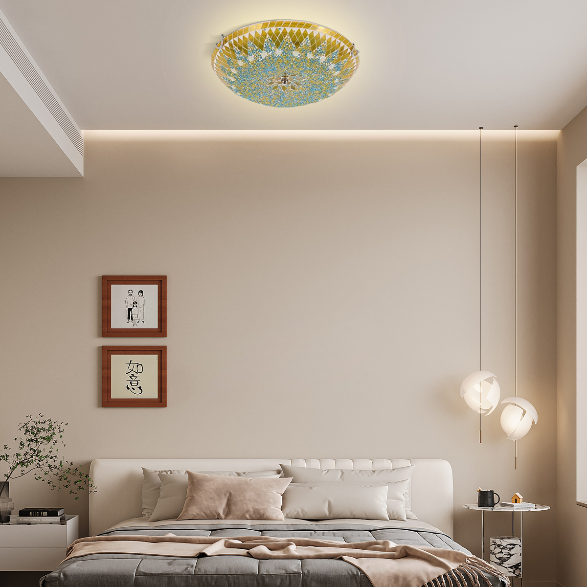 Deckenleuchte eignet sich für das Schlafzimmer.
